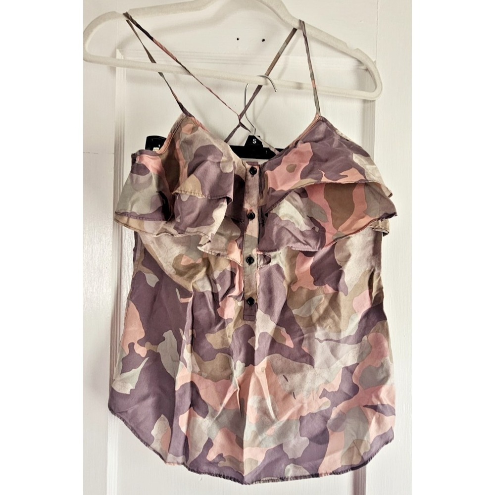 Banana Republic camo ruffle front 100% silk criss cross spaghetti back strap XS